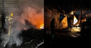 Galpão pega fogo no Centro de Salinas com chamas altas e atuação dos bombeiros para conter o incêndio durante a madrugada.