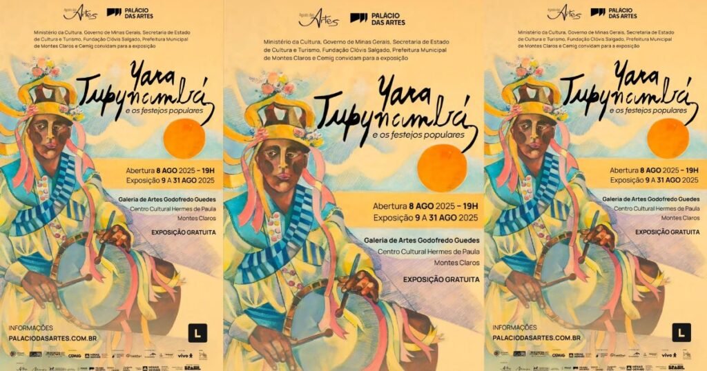 Obra de Yara Tupynambá retratando congadeiros com tambores em celebração aos festejos populares de Montes Claros.