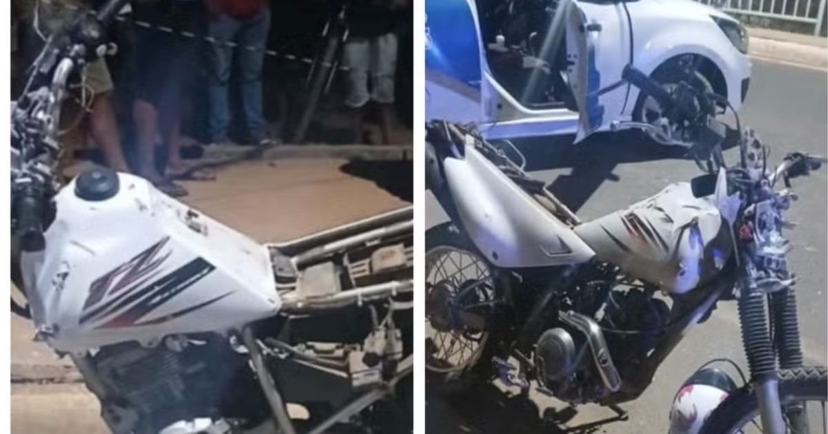 Imagem do local do acidente fatal em Montes Claros, onde motociclista de 32 anos perdeu a vida. A cena mostra os destroços da moto.