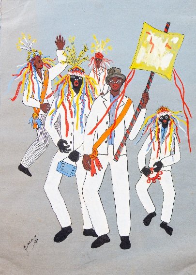 Detalhe da obra de Yara Tupynambá exibida em Montes Claros, retratando com emoção a cultura e os festejos populares de Minas Gerais.