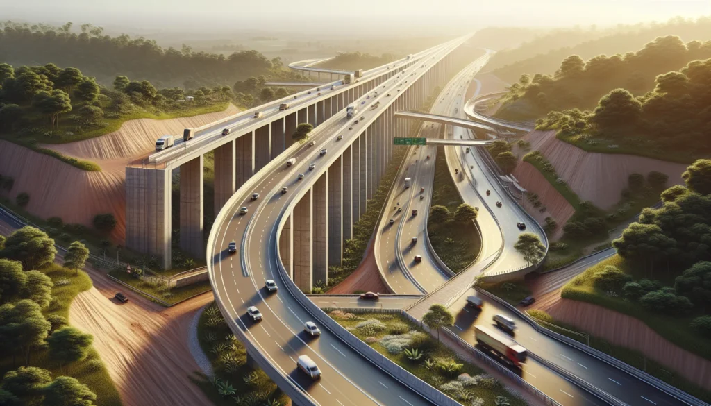 Cena detalhada da ponte na rodovia LMG-655, com veículos, vegetação e céu de Minas Gerais, destacando o tráfego na LMG-655.