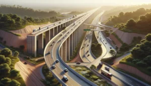 Cena detalhada da ponte na rodovia LMG-655, com veículos, vegetação e céu de Minas Gerais, destacando o tráfego na LMG-655.