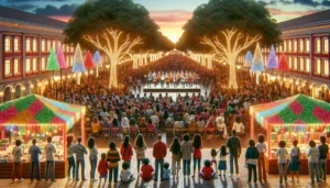 Cena de eventos em praça do Norte de Minas com luzes natalinas, famílias, coral ao ar livre e feira de artesanato