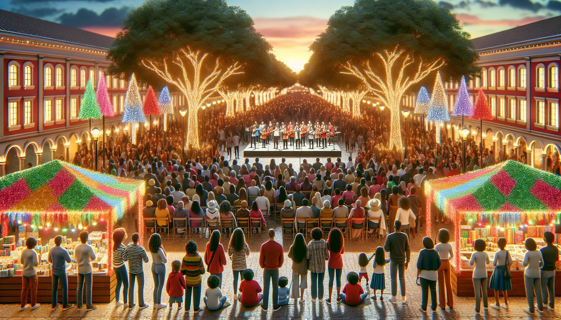 Cena de eventos em praça do Norte de Minas com luzes natalinas, famílias, coral ao ar livre e feira de artesanato