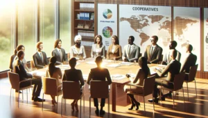 Cena realista de uma sala de reunião moderna com representantes de cooperativas e fundos de desenvolvimento em Brasília, destacando a comissão aprova possibilidade cooperativa.