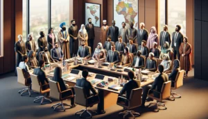 Cena realista de uma sala de reunião com representantes de cooperativas discutindo acesso fundos de desenvolvimento regional