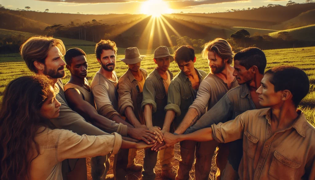 Grupo de trabalhadores resgatados de mãos dadas em campo rural, simbolizando esperança e novo começo