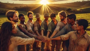 Grupo de trabalhadores resgatados de mãos dadas em campo rural, simbolizando esperança e novo começo