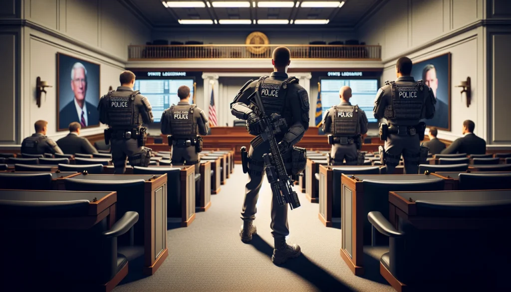 Policiais legislativos estaduais em sessão, exibindo armas e postura profissional sob iluminação neutra