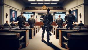 Policiais legislativos estaduais em sessão, exibindo armas e postura profissional sob iluminação neutra