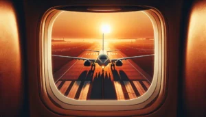 Imagem horizontal de um avião na pista ao nascer do sol, foco na cabine dianteira e passageiros, destacando fim-restricao-banheiros-frente-avioes
