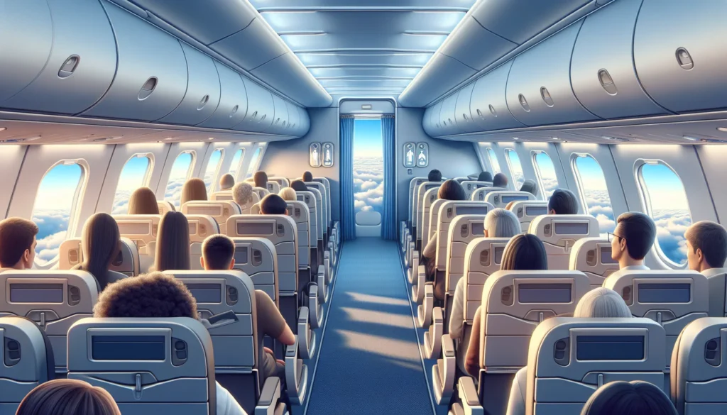 Cena horizontal de um avião na frente com passageiros acessando banheiros livres, céu azul ao fundo, atmosfera de tranquilidade