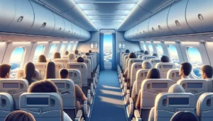 Cena horizontal de um avião na frente com passageiros acessando banheiros livres, céu azul ao fundo, atmosfera de tranquilidade