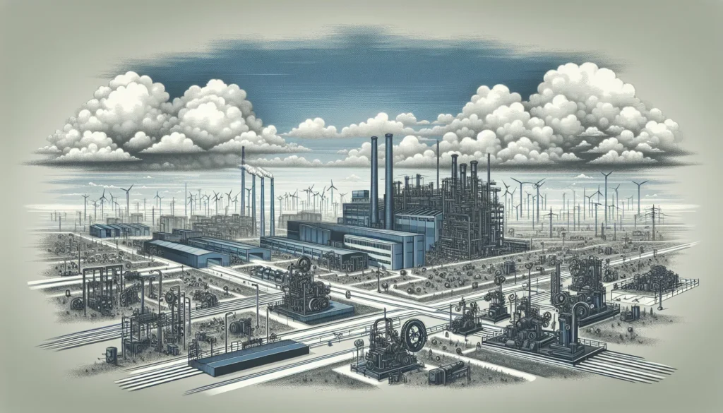 Cena de fábrica com máquinas paradas e linhas de produção desativadas, simbolizando indústria estagnada em novembro.