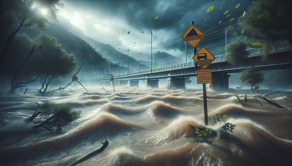 Ponte sobre rio com água alta, céu escuro e árvores inclinadas, sinalizando Chuvas Fortes no Norte de Minas
