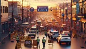 Cena de trânsito em Montes Claros com barricadas, veículos parados, policiais e torcedores em preparação para o jogo