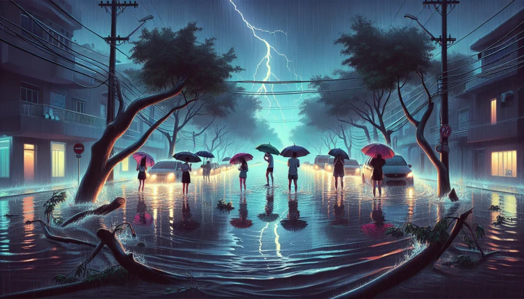 Cena de rua em Montes Claros com chuva forte, raios, árvores inclinadas e moradores com guarda-chuvas, ilustrando Alerta de Chuva Forte em Montes Claros.
