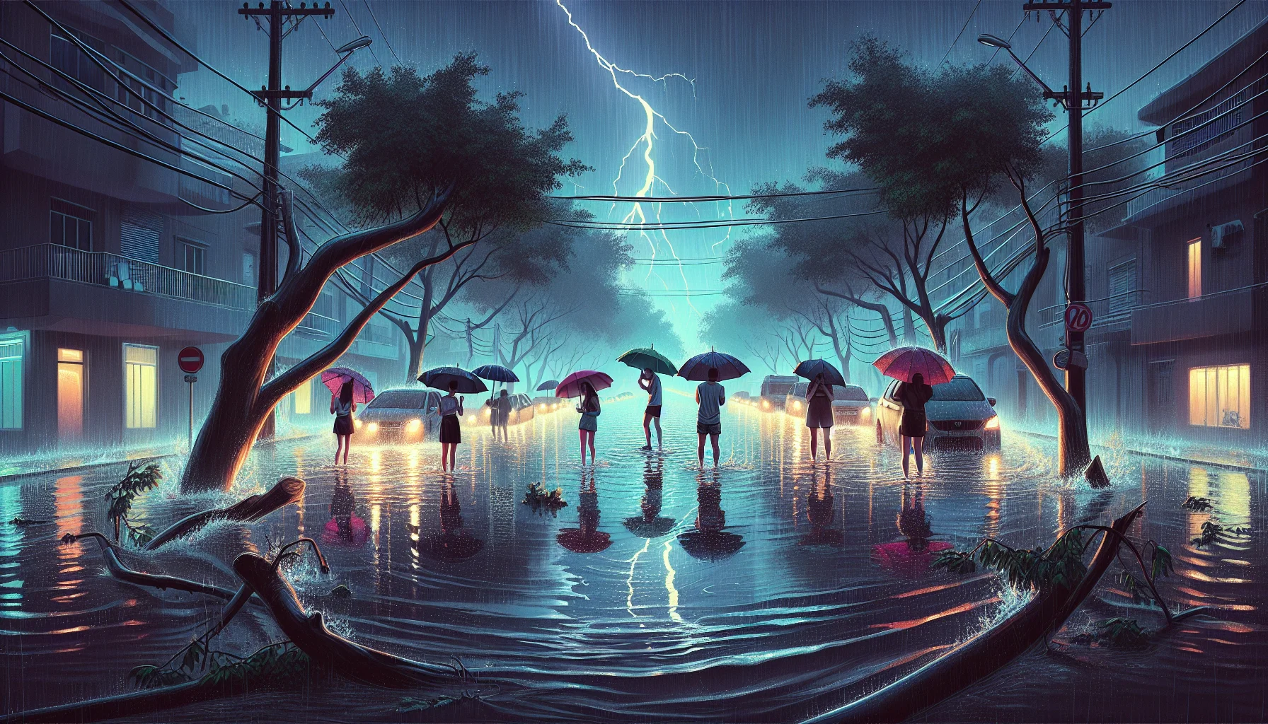 Cena de rua em Montes Claros com chuva forte, raios, árvores inclinadas e moradores com guarda-chuvas, ilustrando Alerta de Chuva Forte em Montes Claros.
