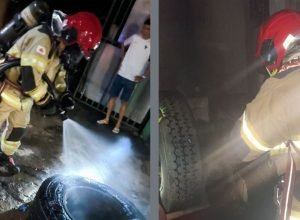 Equipes do Corpo de Bombeiros combatem incêndio em borracharia no bairro Vera Cruz, em Montes Claros, usando 1 500 litros de água, sem vítimas.