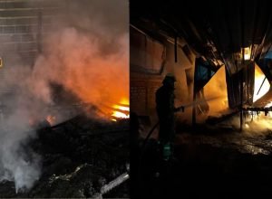 Galpão pega fogo no Centro de Salinas com chamas altas e atuação dos bombeiros para conter o incêndio durante a madrugada.