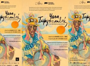 Obra de Yara Tupynambá retratando congadeiros com tambores em celebração aos festejos populares de Montes Claros.