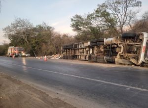1 de 2Carreta tombou às margens da pista — Foto: Corpo de Bombeiros/Divulgação