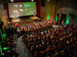 Público reunido em evento ao ar livre durante o Festival de Cinema Fica 2025 na Cidade de Goiás, com telão e decoração temática sobre o Cerrado.