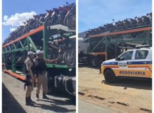 1 de 1Cegonheira foi apreendida com 108 motos e três carros — Foto: Montagem/g1